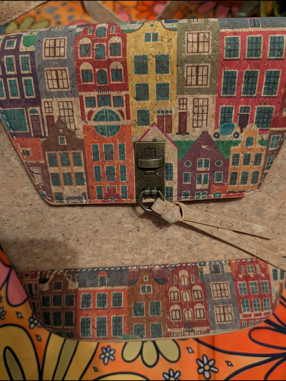 Cork Crossbody Bag with Colorful City Print